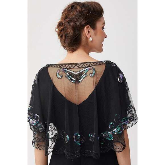 🆕 Women Black Sequin Beaded Evening Cape Bridal Shawl Bolero Flapper Cover Up - Picture 4 of 6